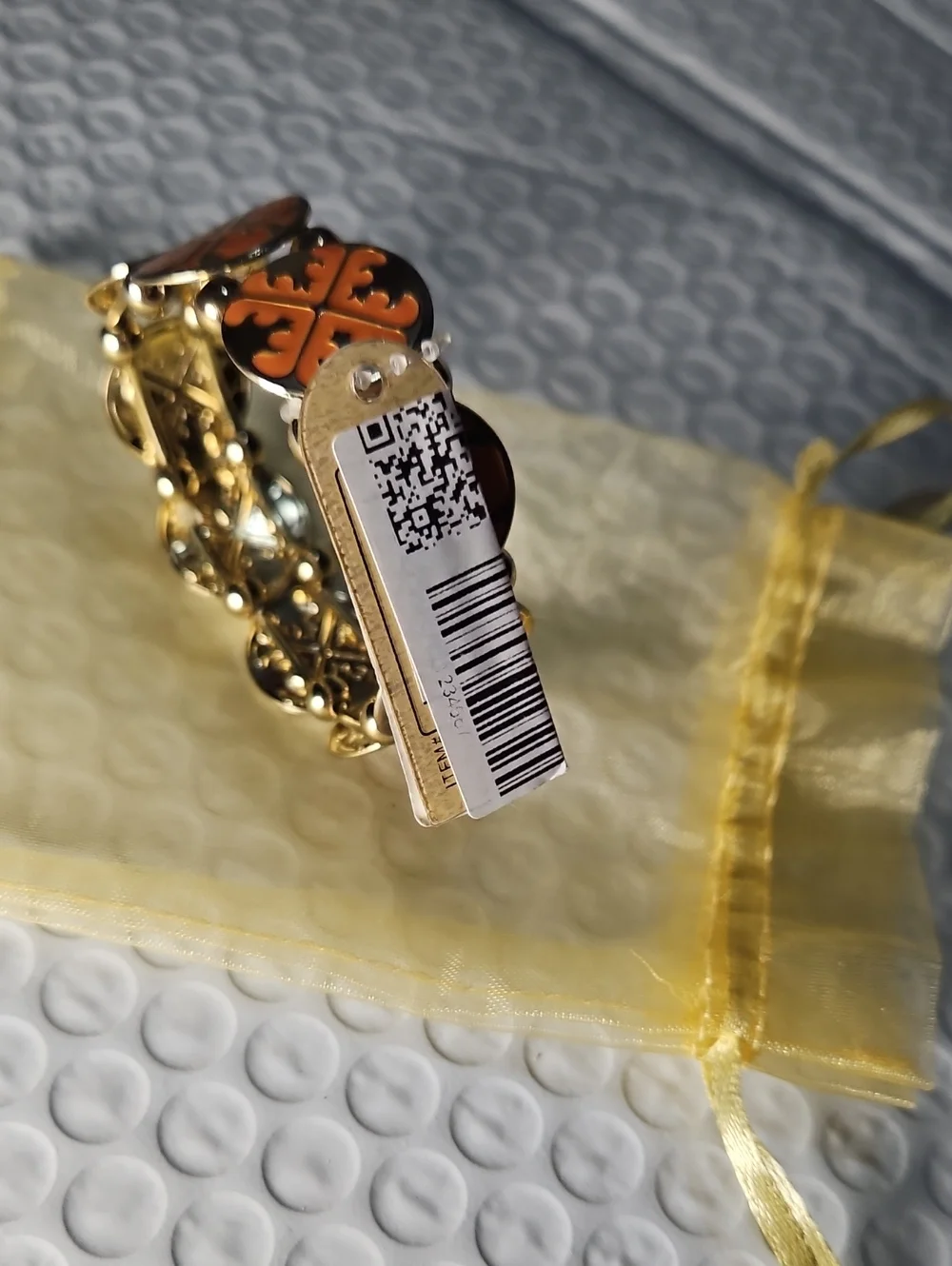 Tory Burch Gold-Tone Bracelet with Coral Orange Enamel Clover Motifs